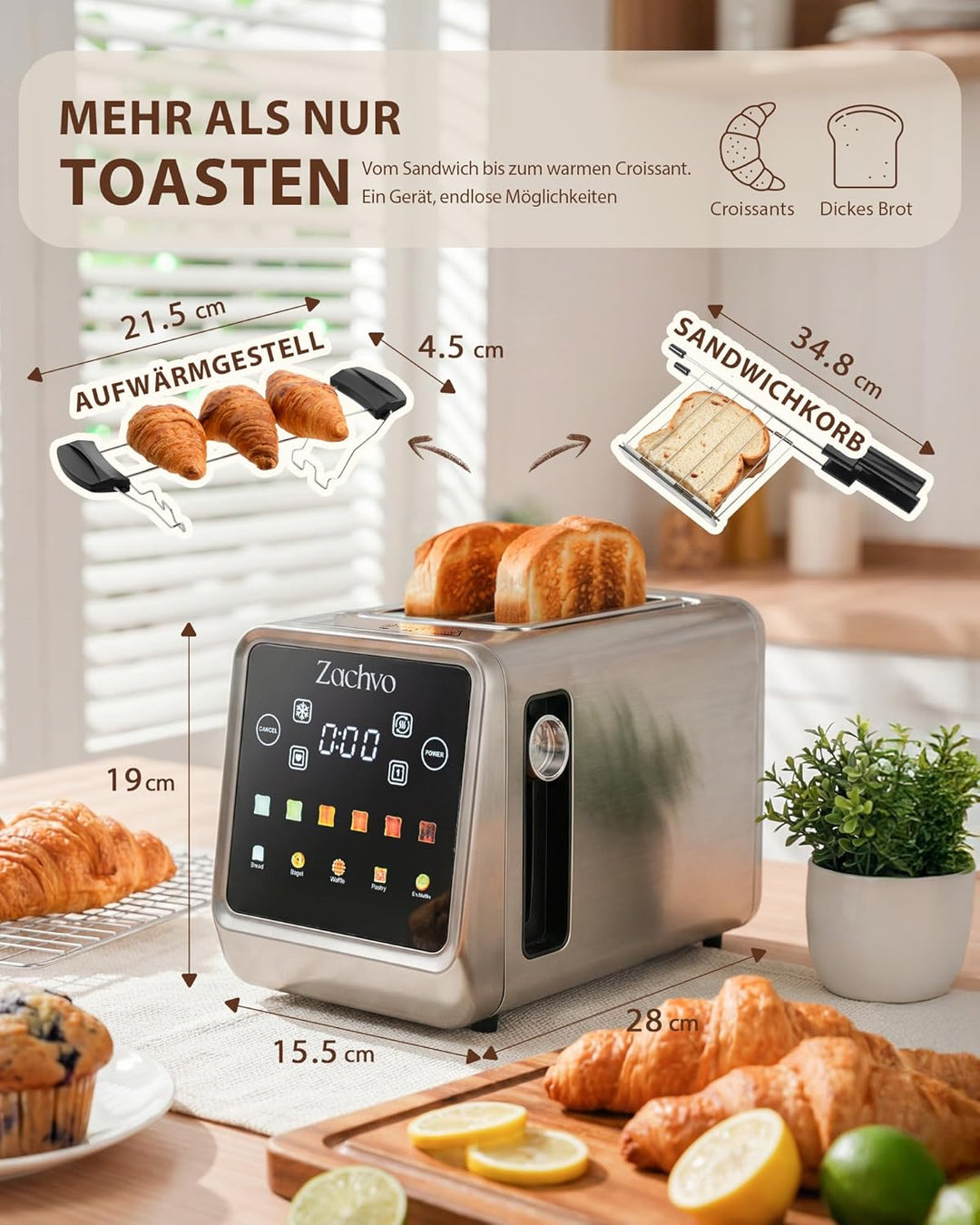 Edelstahl Toaster 2 Scheiben, Digitaler Touch Toaster mit Sandwich-Zange & abnehmbarem Brötchenaufsa