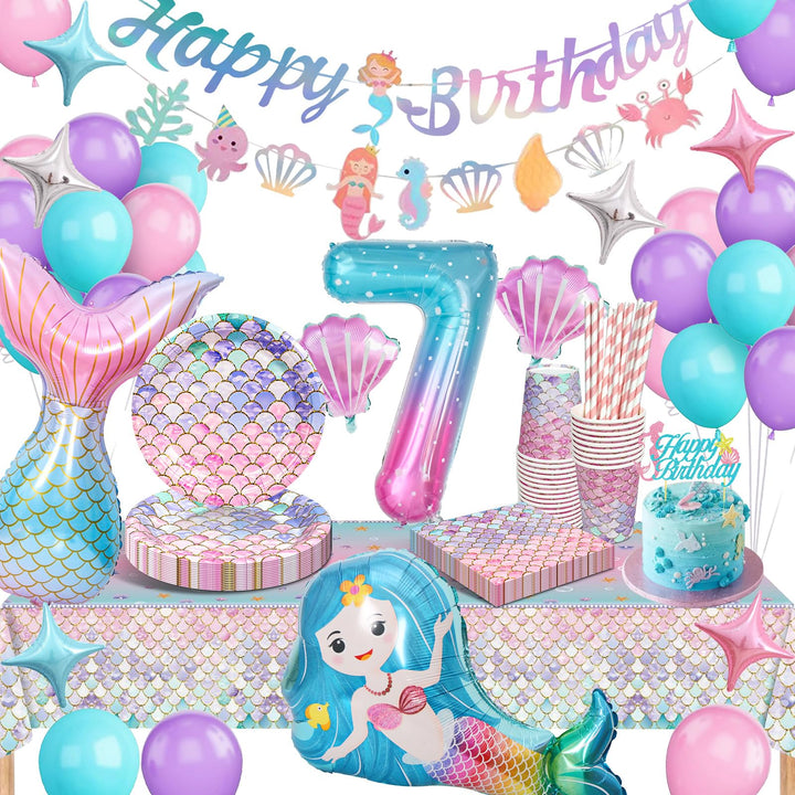 yosiio Meerjungfrau Partygeschirr Set, Meerjungfrau Geburtstag Deko 7 Jahre, Geburtstag Party Geschi