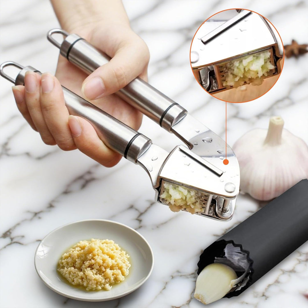 Knoblauchpresse Edelstahl Premium – 3 Set mit Schäler, Reinigungsbürste, Leicht zu Reinigen, Für Kno