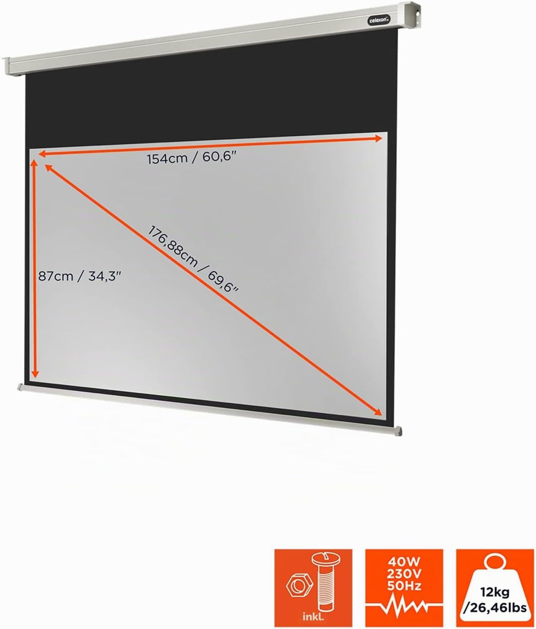 celexon Professional Motor-Leinwand 70" | 160x90 cm 16:9 | elektrische 4K,Full-HD Beamer-Leinwand fü