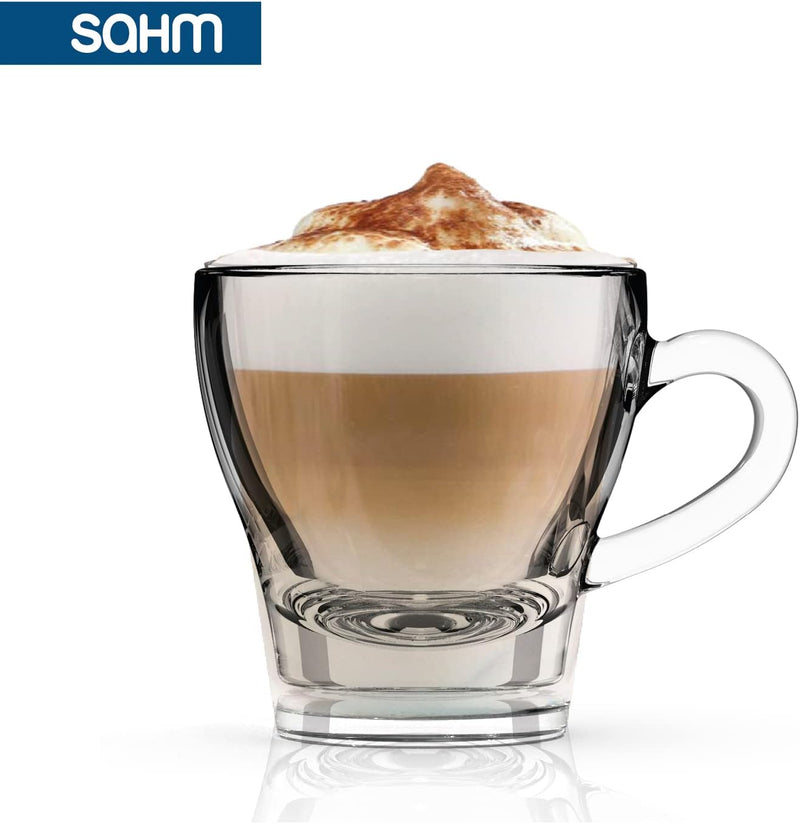 Sahm Cappuccino Gläser mit Henkel Set (6 STK) - 180ml Cappuccino Tassen Set - Spülmaschinengeeignet