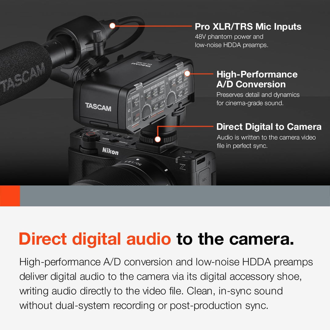TASCAM CA-XLR2d-N – Digitaler XLR Mikrofonadapter für spiegellose Nikon Kameras