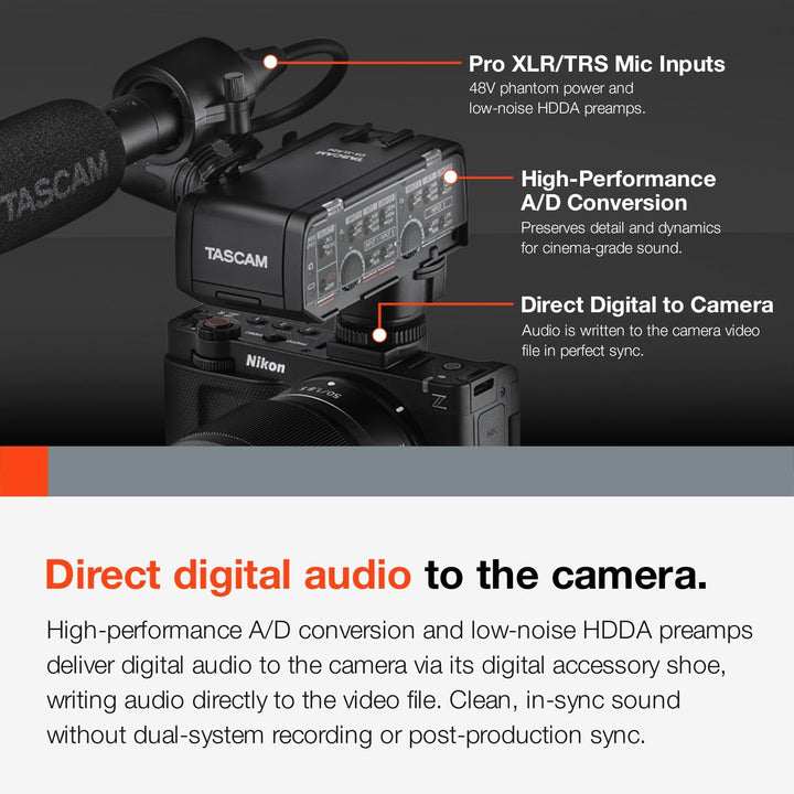 TASCAM CA-XLR2d-N – Digitaler XLR Mikrofonadapter für spiegellose Nikon Kameras