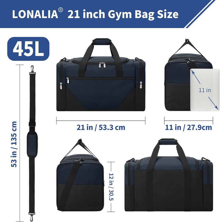 Sporttasche 45L - 53×28×30.5 cm Reisetasche mit Vielen Fächern für Gym, Weekend &amp; Kurztrips - Marine