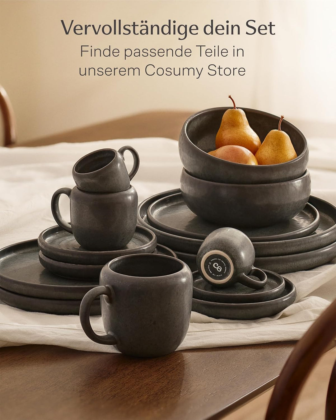 Cosumy 4 Tiefe Teller aus Steingut 750 ml – Handgefertigte Geschirrset Schwarz – Geschirr Set Modern