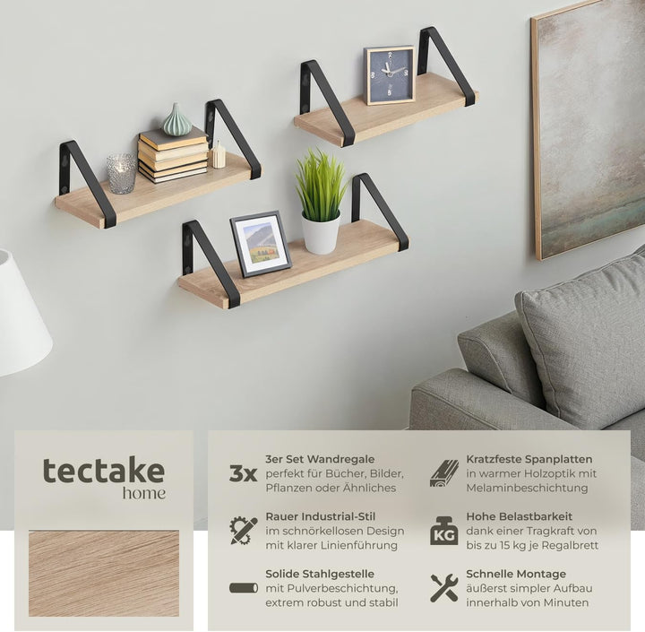 tectake® Industrial Wandregal Holz, 3X Regal Wand Set, Schweberegal, Regale 30/35/40 cm, Hängeregal,