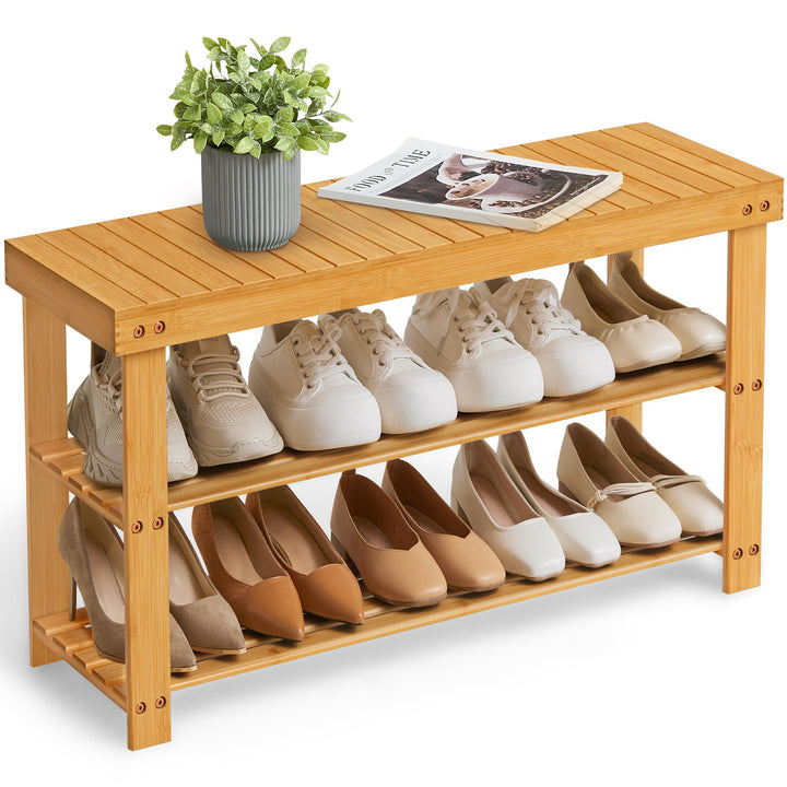 SONGMICS Bambus Schuhregal, Schuhschrank mit Sitzbank, Schuhbank mit 3 Ablagen 90 x 28 x 45 cm ideal