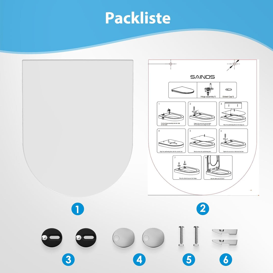 Duroplast WC-Sitz D-Form mit Absenkautomatik, Edelstahlscharnier, One-Touch-Schnellverschluss und ei