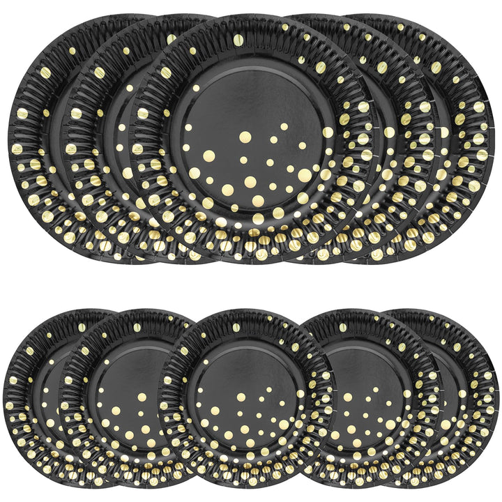 HNH Partyteller Pappteller 50er Set Schwarz mit Goldfolie Gepunktet 23cm Papierteller mit 18cm Desse