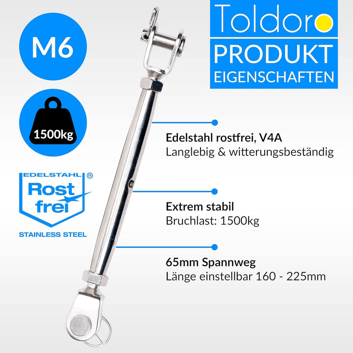 Toldoro® 4x M6 Wantenspanner Edelstahl rostfrei V4A / Sonnensegel Spanner, Spannschloss, Seilspanner