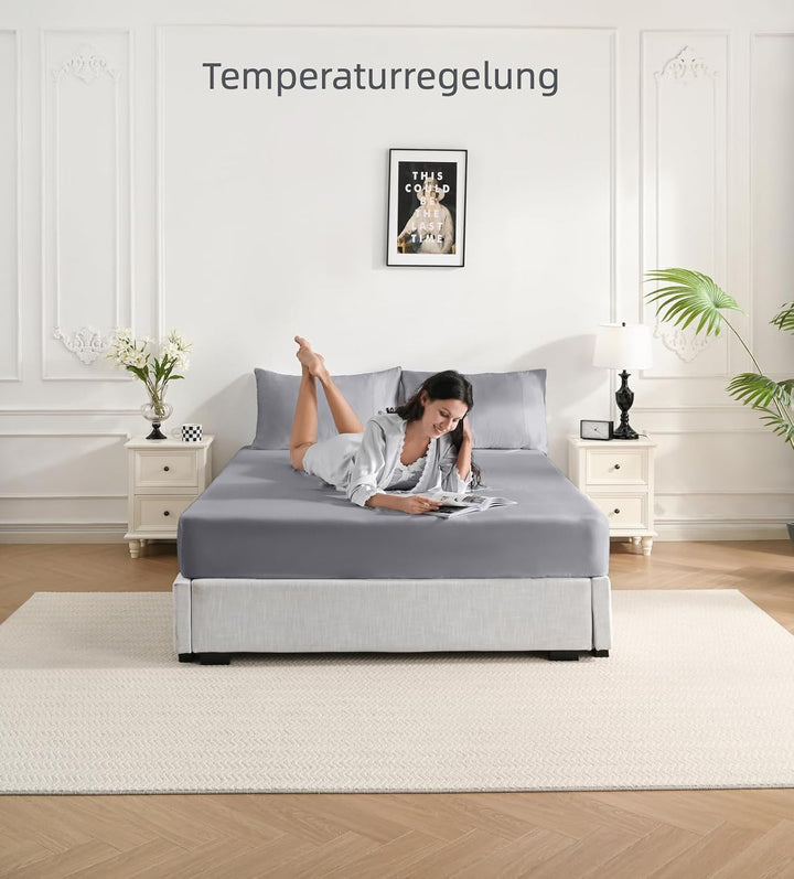 Bettwäsche 200x200, 3 Teilig, Grau, Bambus - Vegane Seide, Luxus Bettbezug und Kissenbezüge Set, Küh