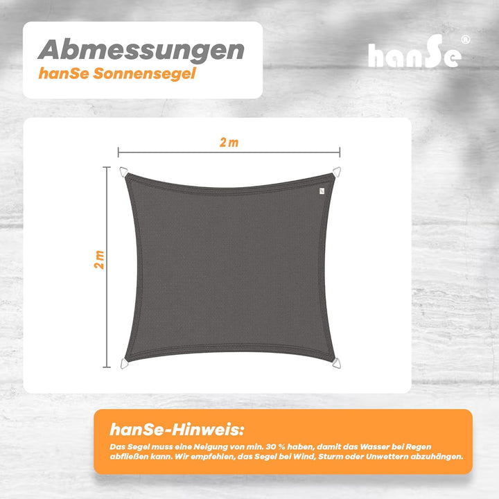 hanSe Sonnensegel quadratisch, Segeltuch Quadrat, 2x2m in Graphit, aus HDPE Gewebe, wetterbeständig