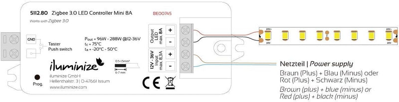 iluminize Zigbee 3.0 LED-Controller 1x 8A, 12V-36V, für weisse LEDs, Lightlink & Touchlink (1x 8A we