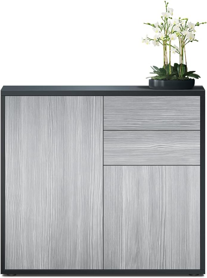 Vladon Sideboard Ben, Made in Germany, Kommode mit 2 Türen und 2 Schubladen, Schwarz matt/Avola-Anth