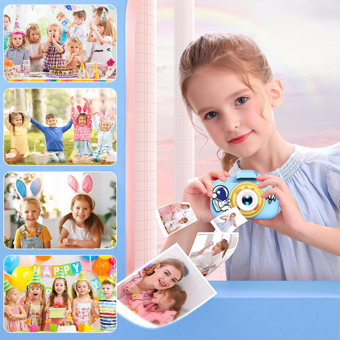 1080P HD Kinderkamera Digitalkamera für Jungen Mädchen, 2" Bildschirm, Wiederaufladbar mit 32GB SD K