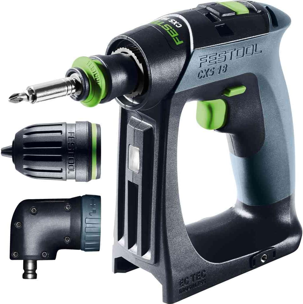 Festool – Akku-Bohrschrauber CXS 18-Basic-Set inkl. Magnet-Bithalter + Werkzeugfutter + Winkelvorsat