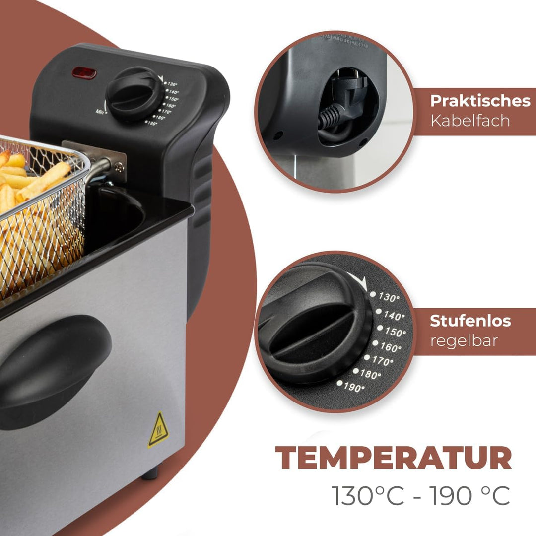 Clatronic FR 3586 Edelstahl-Fritteuse 2,5L Perfekt für Pommes Frittes u. Nuggets, geruchsarmes fritt