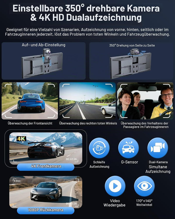 11,3 Zoll Carplay Android Auto Display mit Stehende Halterung, 350° Drehbare 4K Dashcam Buddy Displa