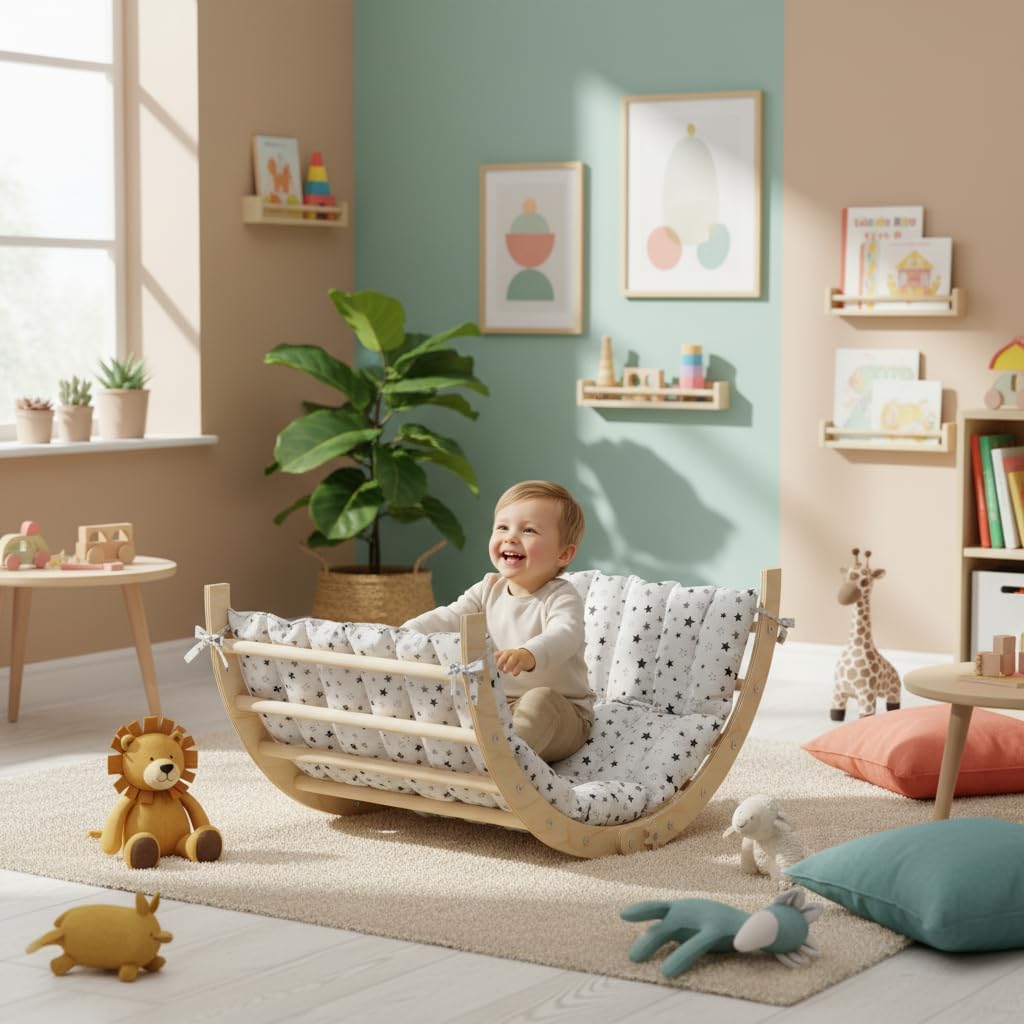 Bellabino Ruki 2in1 Kletterbogen und Wippe mit Kissen 'Graue Sterne ', Klettergerüst indoor, Kletter