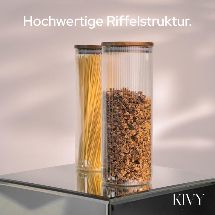 KIVY Riffel Vorratsgläser mit Deckel Luftdicht - 2 x 1.8L - Für Spaghetti, Mehl, Müsli Aufbewahrung