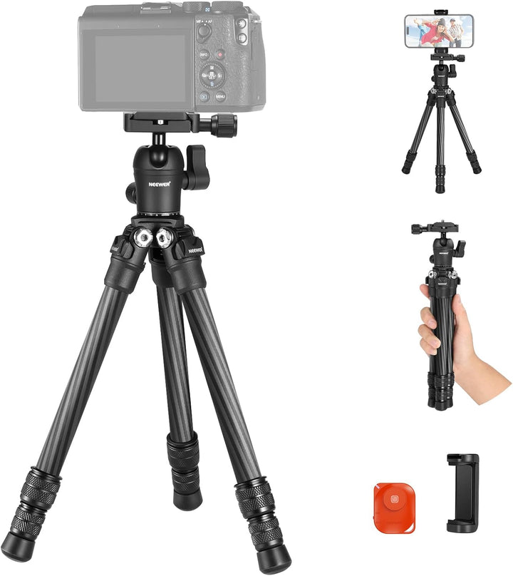 NEEWER TP09 Carbon Fiber Mini Stativ, 20“ Tischstativ mit 360° Kugelkopf, Telefonhalter, Fernbedienu