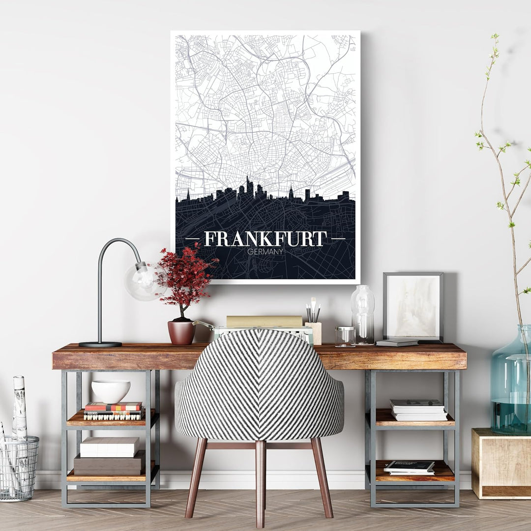 wandmotiv24 Stadt Karte als Leinwandbild, 40x30cm, Hochformat, Frankfurt am Main, Deutschland, Skyli