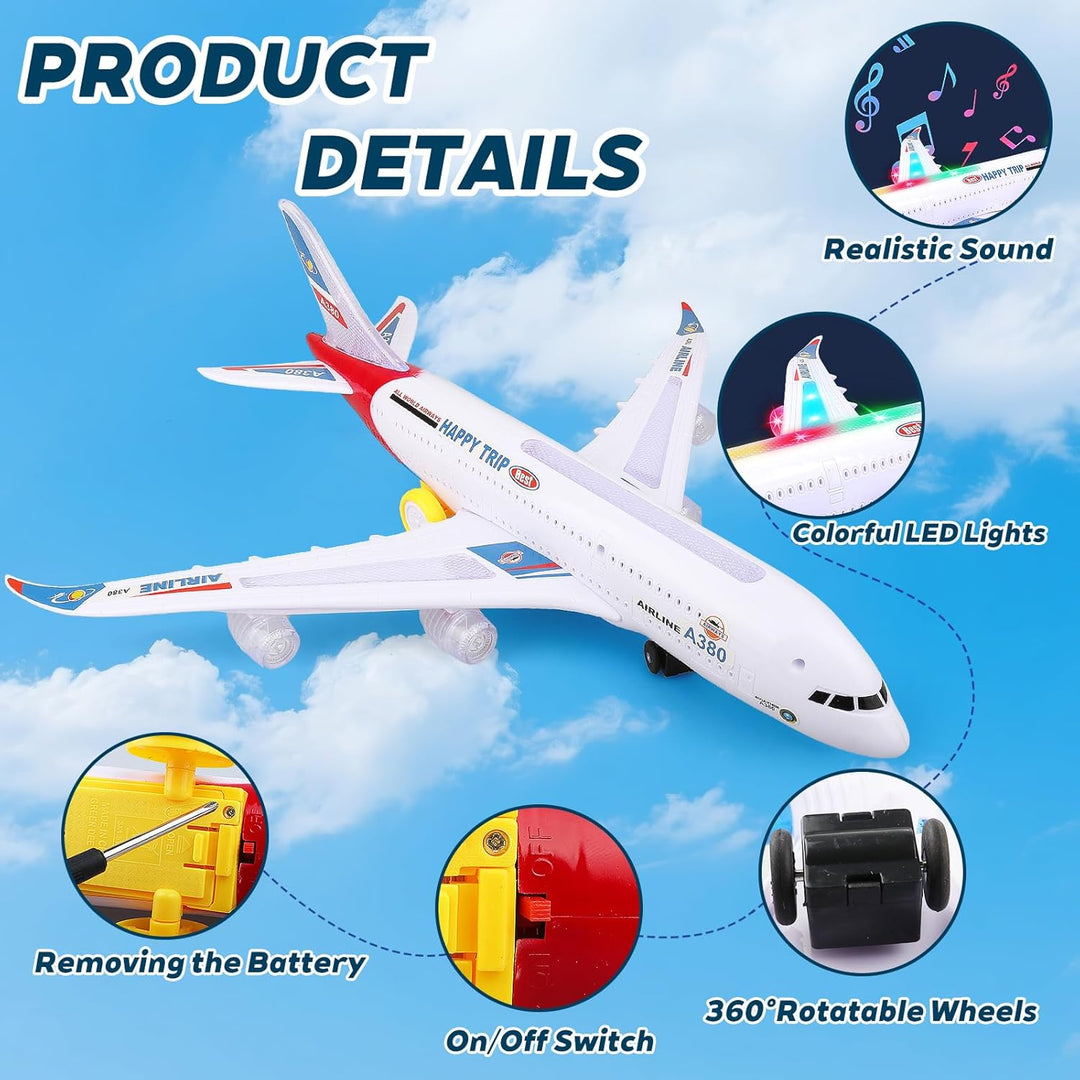 Bump and Go Flugzeug-Spielzeug, realistisches Flugzeugmodell mit 4D-Lichtern und Sound, bewegliches