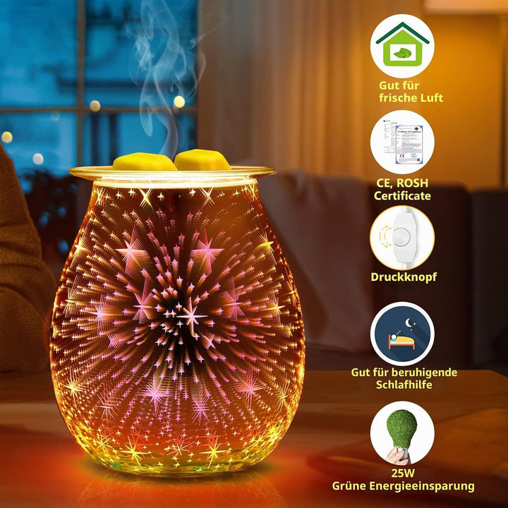 Duftlampe Elektrisch aus Glas, Elektrische Duftlampe für wachs, 3D-Feuerwerk Aromalampe, Touch Steue