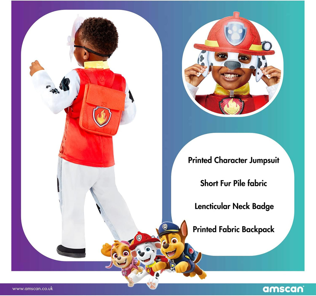 Amscan - Kinderkostüm Marshall aus Paw Patrol, Plüsch-Overall, Maske und Rucksack, Serie, Helfer auf