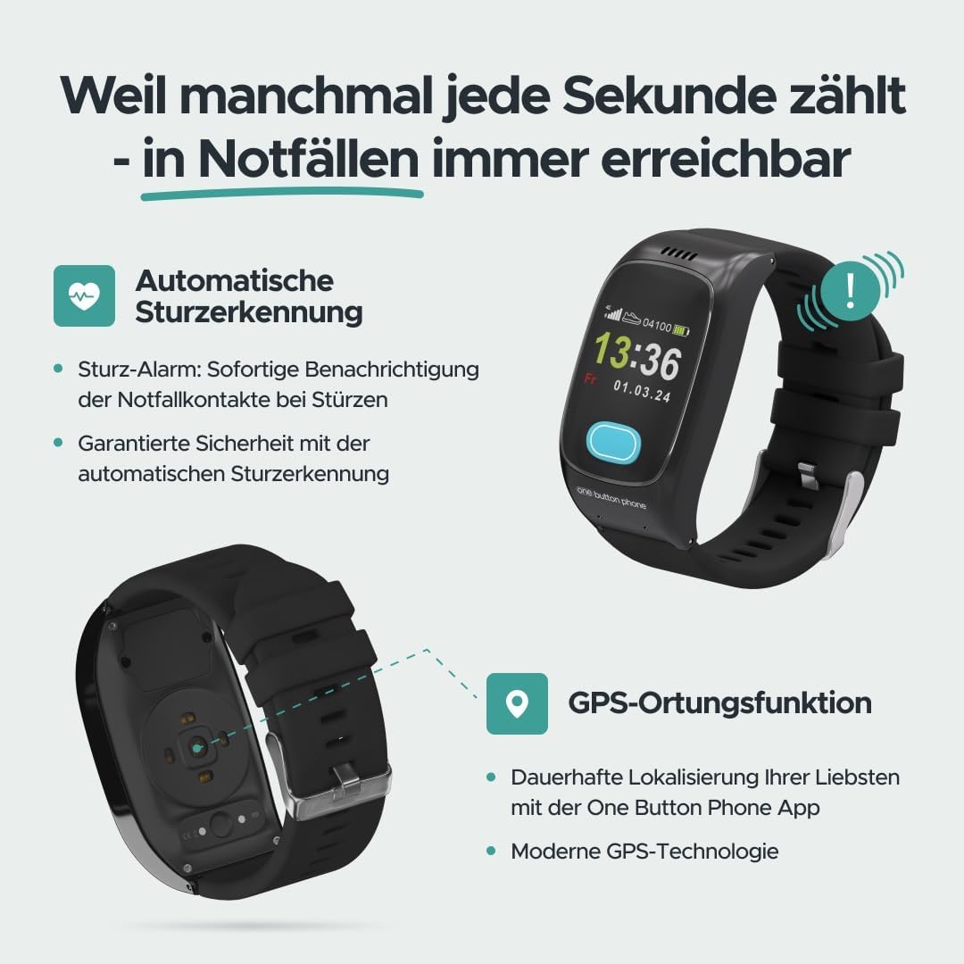 one button phone - Notfall- und Sicherheitsuhr für Senioren mit Notrufknopf und SOS-Funktion, Sturze