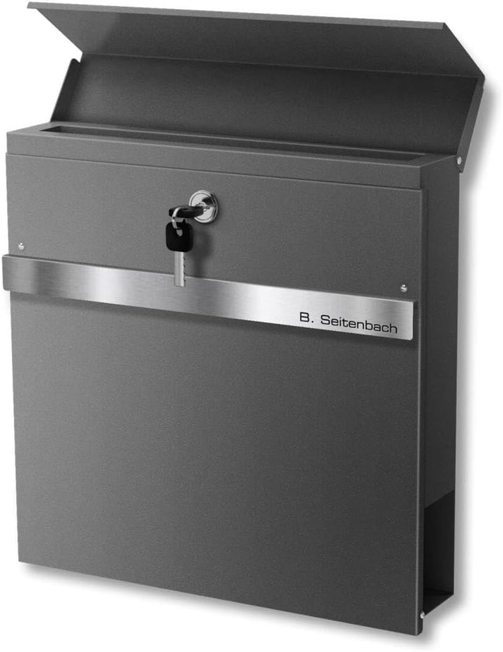 Metzler Briefkasten mit Zeitungsfach Eisenglimmer - Personalisiert mit Edelstahl V2A Namensschild -