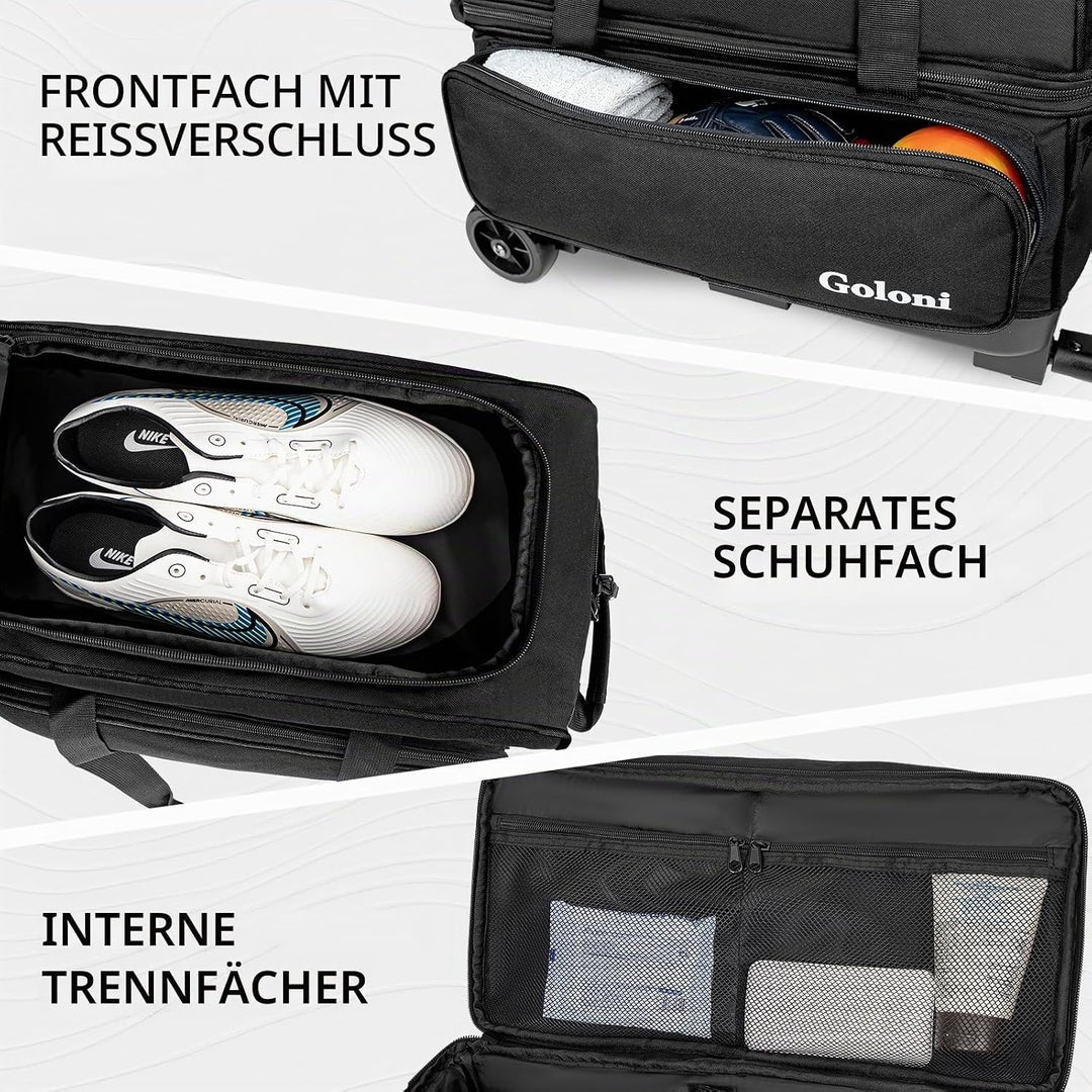 Goloni Bowling Roller Taschen,Bowling Ball Tasche,zwei Ball Bowling Tasche mit Rädern Schwarz, Schwa