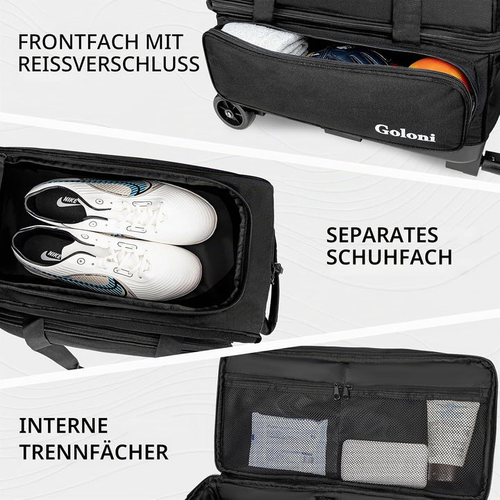 Goloni Bowling Roller Taschen,Bowling Ball Tasche,zwei Ball Bowling Tasche mit Rädern Schwarz, Schwa
