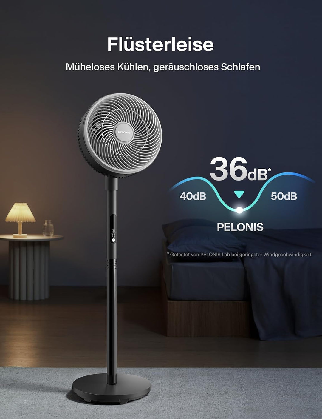 PELONIS Standventilator mit Fernbedienung Touch Display 3D Zirkulation 36.5dB Leise 10m Luftstrom Hö