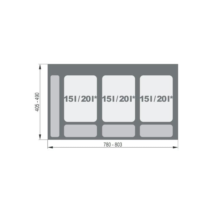 REJS Mülltrennsystem Küche für 90 cm Schrank 3-fach 3 x 15L mit Deckel & Griff Einbau Abfallsammler