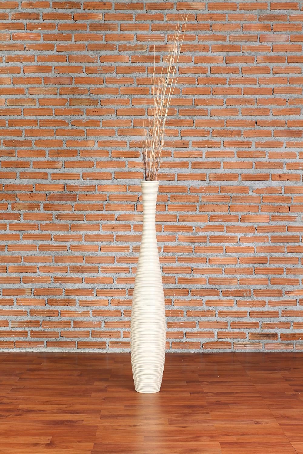 Leewadee Grosse Bodenvase für Dekozweige hohe Standvase Design Holzvase, Holz, 90 cm, Creme 90 cm Cr