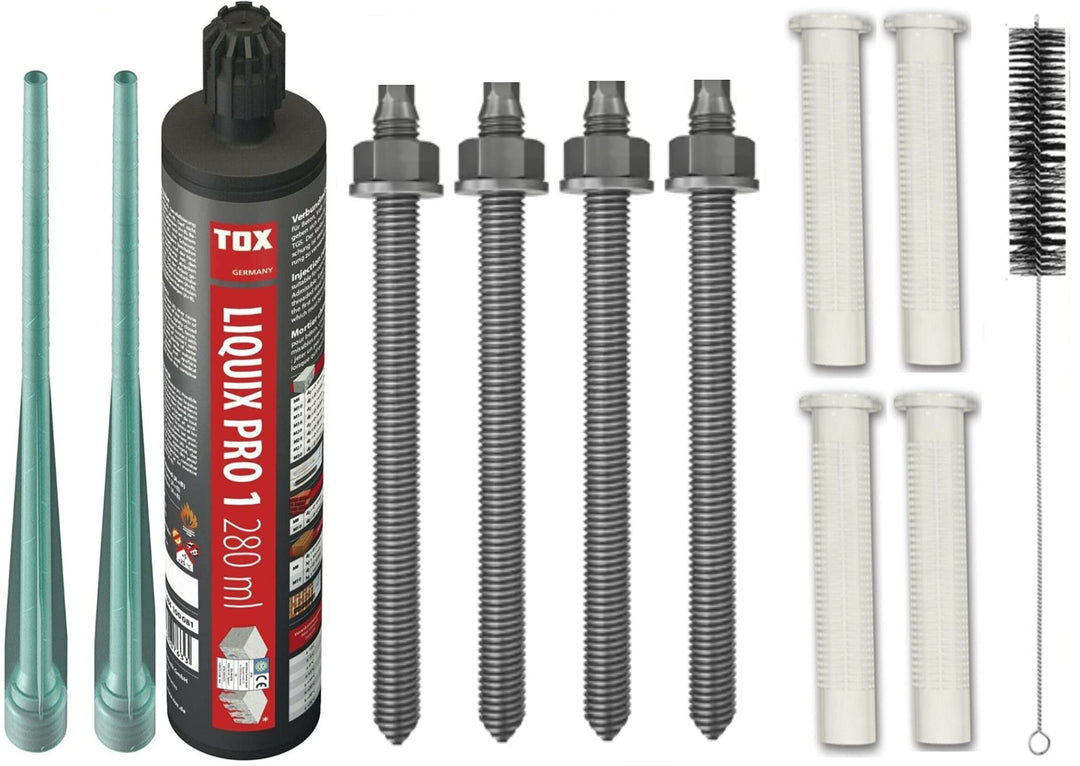 Schwerlastbefestigung SET M12x220mm EDELSTAHL A4- TOX Verbundmörtel Liquix Pro 1 + 4 Gewindestangen