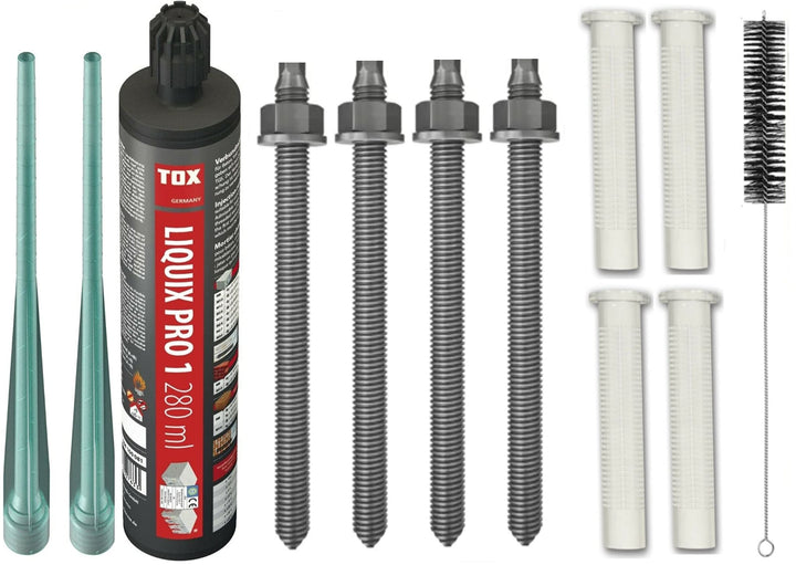 Schwerlastbefestigung SET M12x220mm EDELSTAHL A4- TOX Verbundmörtel Liquix Pro 1 + 4 Gewindestangen