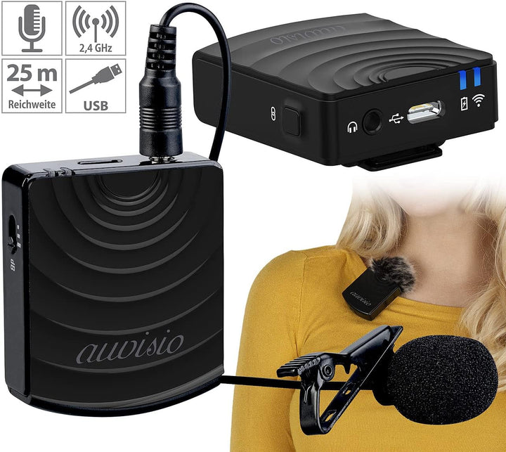 auvisio Lavalier: Digital Funkmikrofon & -Empfänger-Set, Klinke 2,4GHz, Reichweite 25m (Funkmikro, M