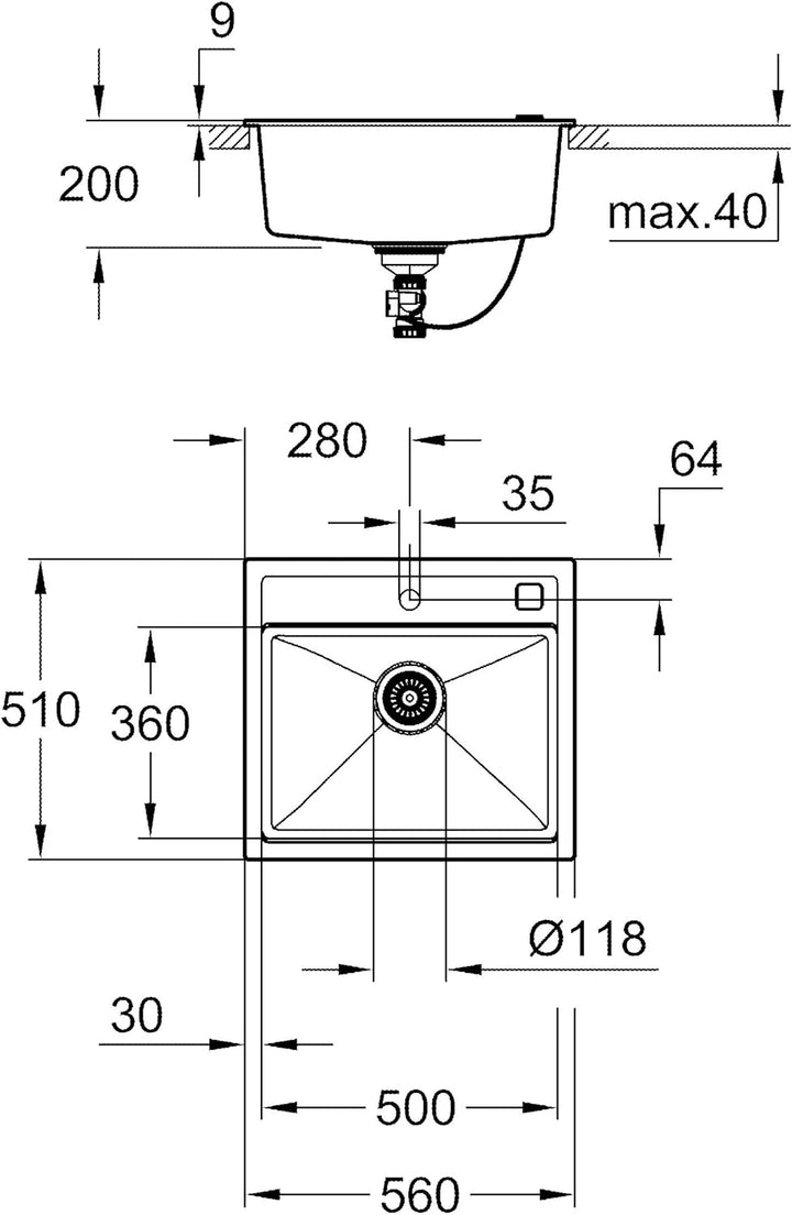 GROHE K700 | Kompositspüle | granit schwarz | 31651AP0 K700 Granit Schwarz 56 x 51 cm Kompositspüle,