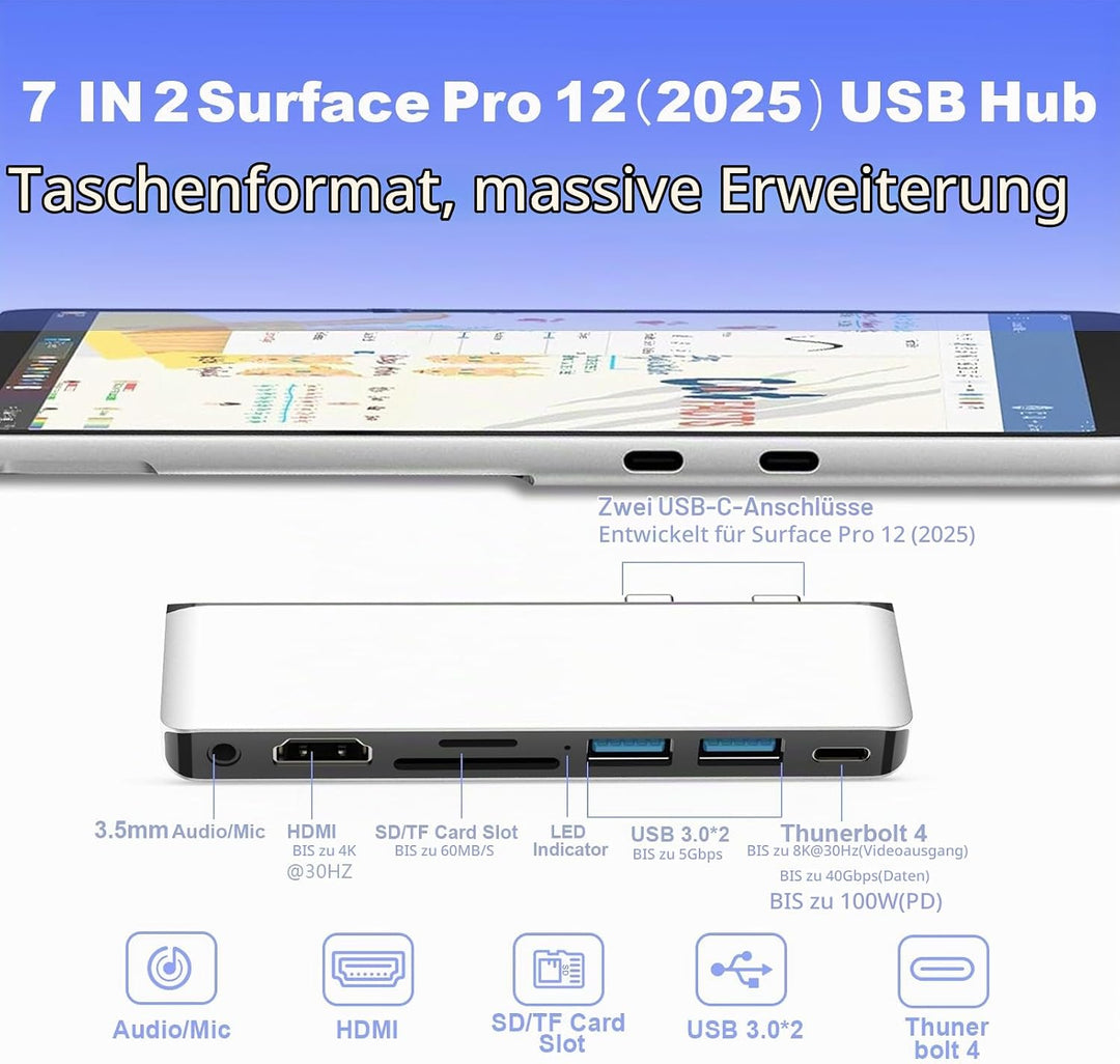 Surface Pro 12 Zubehör Dockingstation, USB-Hub und Adapter mit 4K HDMI, USB-C Thunderbolt 4 (Display