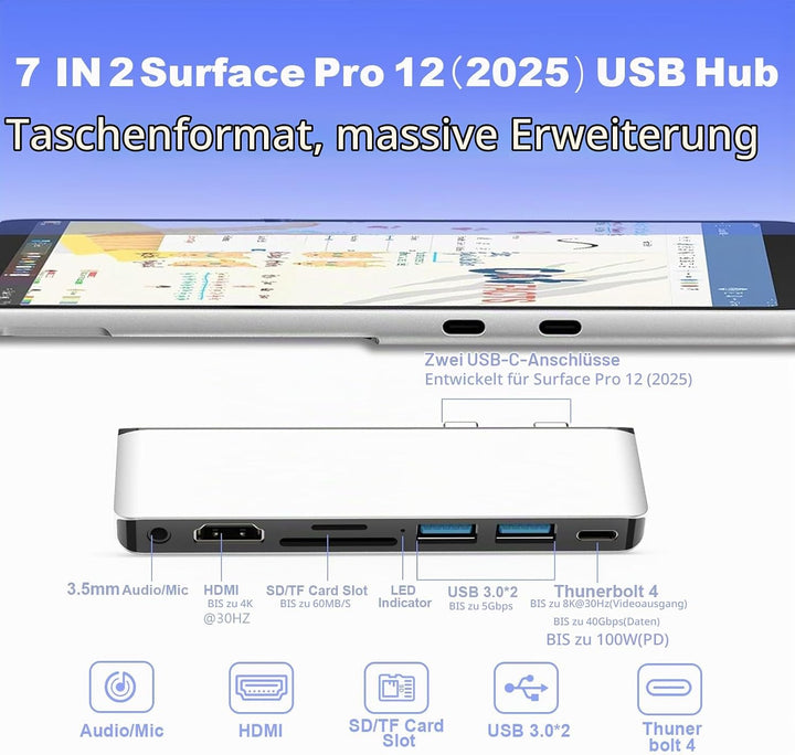 Surface Pro 12 Zubehör Dockingstation, USB-Hub und Adapter mit 4K HDMI, USB-C Thunderbolt 4 (Display