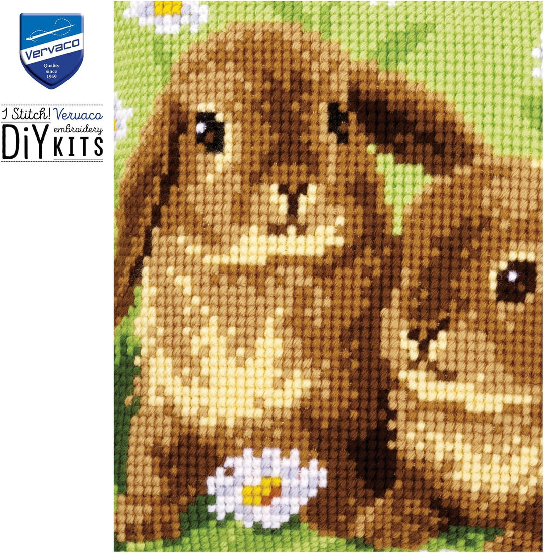 Vervaco Kreuzstichkissen 2 Kaninchen Kreuzstickpackung vorgedruckt, Stramin, weiss, 40 x 40 x 0,3 cm