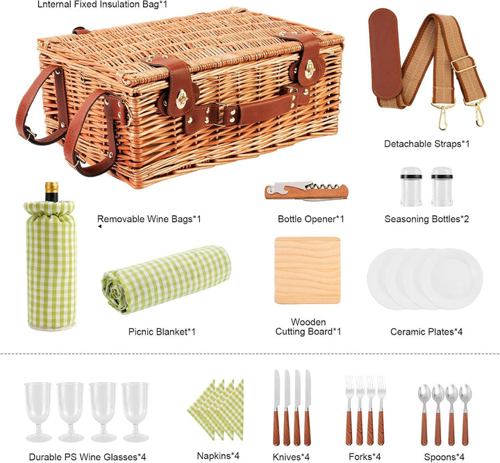 Wicker Picknickkorb Set für 4 Person mit Kühlfach und wasserdichte Picknickdecke, Abnehmbarer Riemen