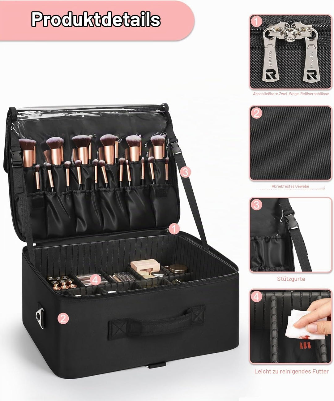 Relavel XXL Make-up-Koffer, Professioneller Kosmetik-Organizer mit Pinselhalter, 4 durchsichtigen Ta