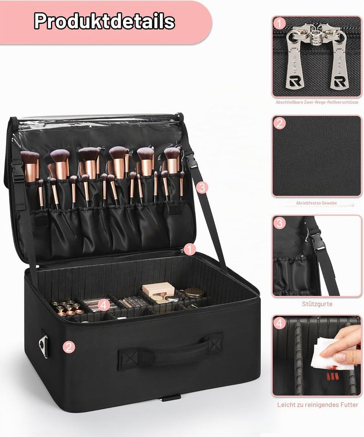 Relavel XXL Make-up-Koffer, Professioneller Kosmetik-Organizer mit Pinselhalter, 4 durchsichtigen Ta