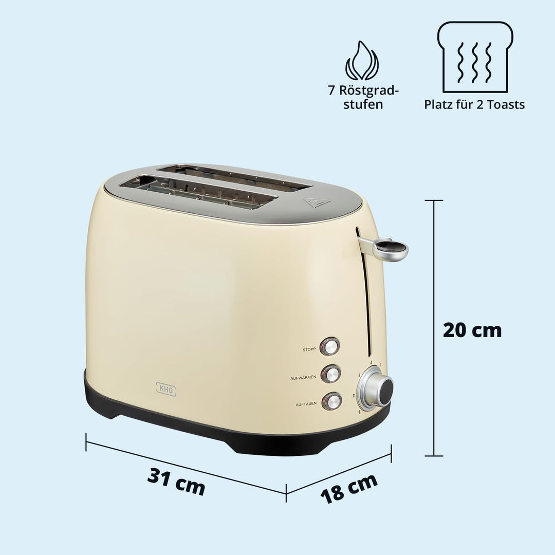 KHG Retro Frühstücksset | Toaster 2 Scheiben mit Brötchenaufsatz, 7 Bräunungsstufen 800W | Wasserkoc