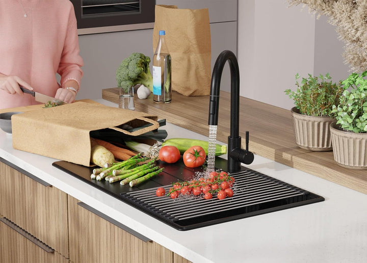 Granitspüle Schwarz 78x50 cm, Spülbecken + Ablauf-Set + Küchenarmatur 9050, Küchenspüle für 45er Unt
