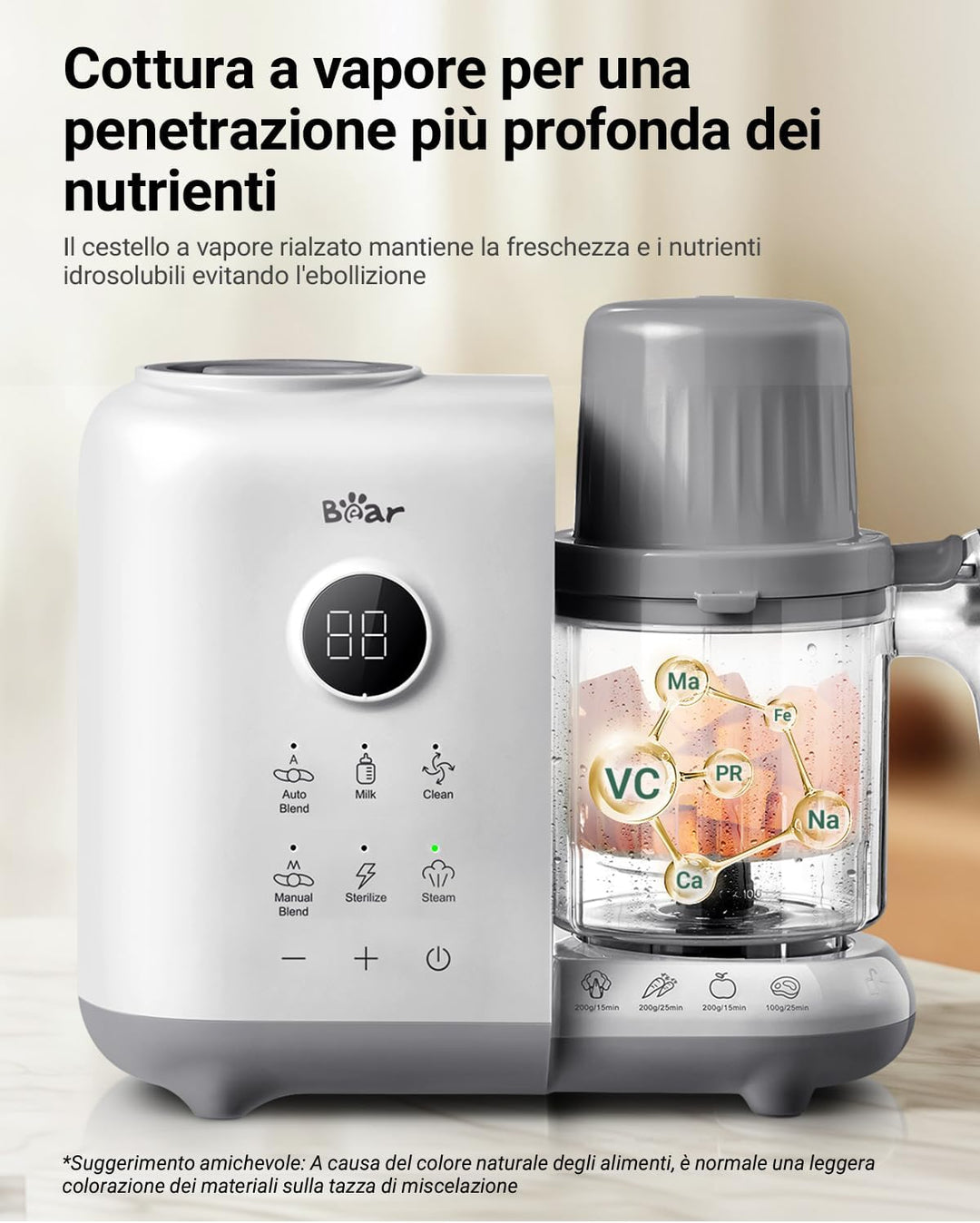 Bear 6-in-1 Dampfgarer mit Mixer Premium Babynahrungszubereiter,Dämpfen, automatisches Rühren, Milch