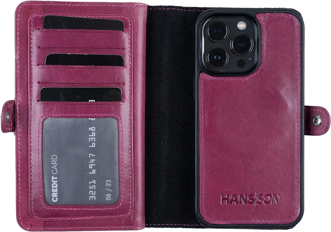 HANS/SON Echtlederhülle iPhone 13 Pro Magenta | Handyhülle aus Leder mit Geldbörse | Magenta iPhone